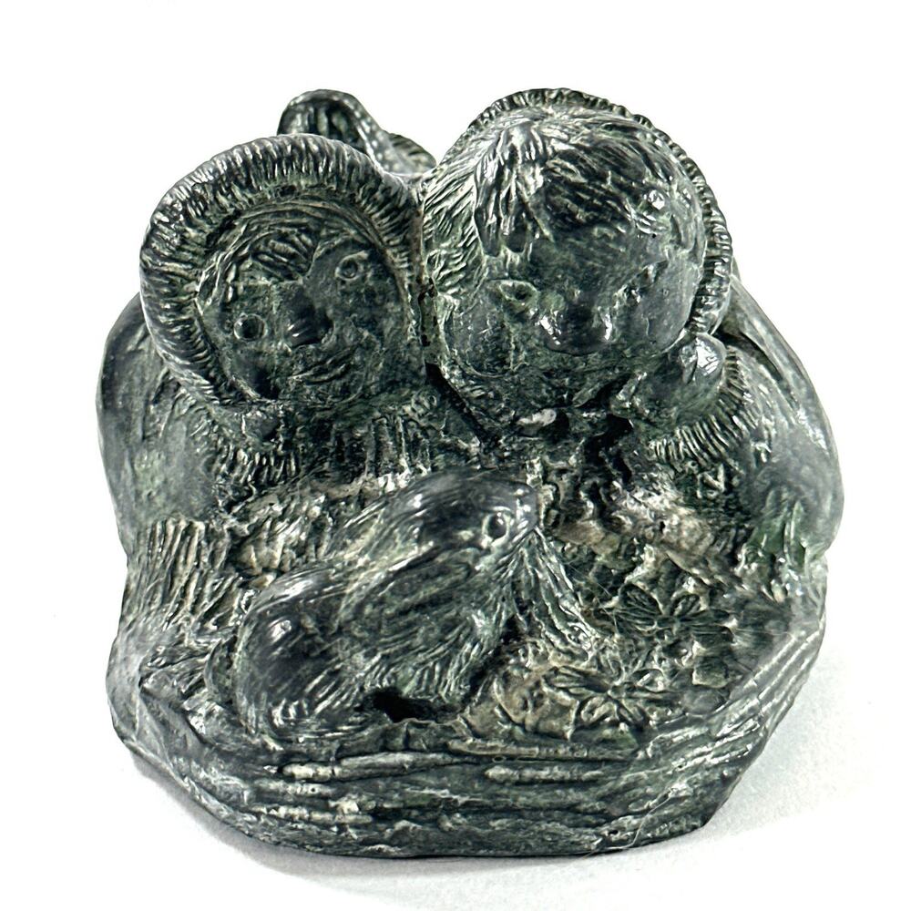 Wolf Originals Canada Inuit Children & Rabbit Sculpture Green Marble Resin - Picture 5 of 6